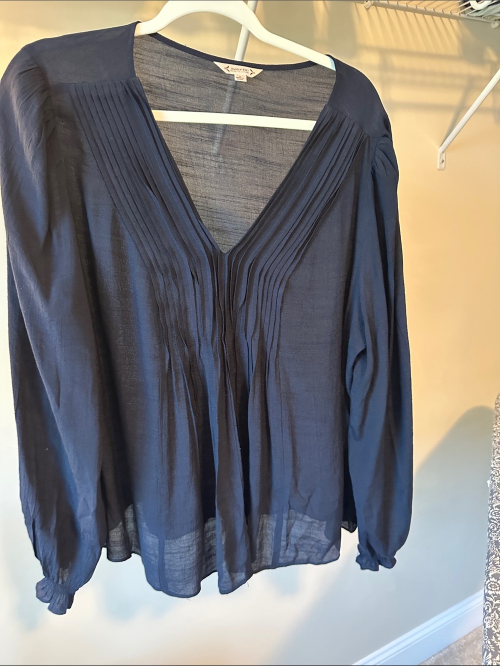 Nanette Lepore Navy V-Neck Pintuck Blouse